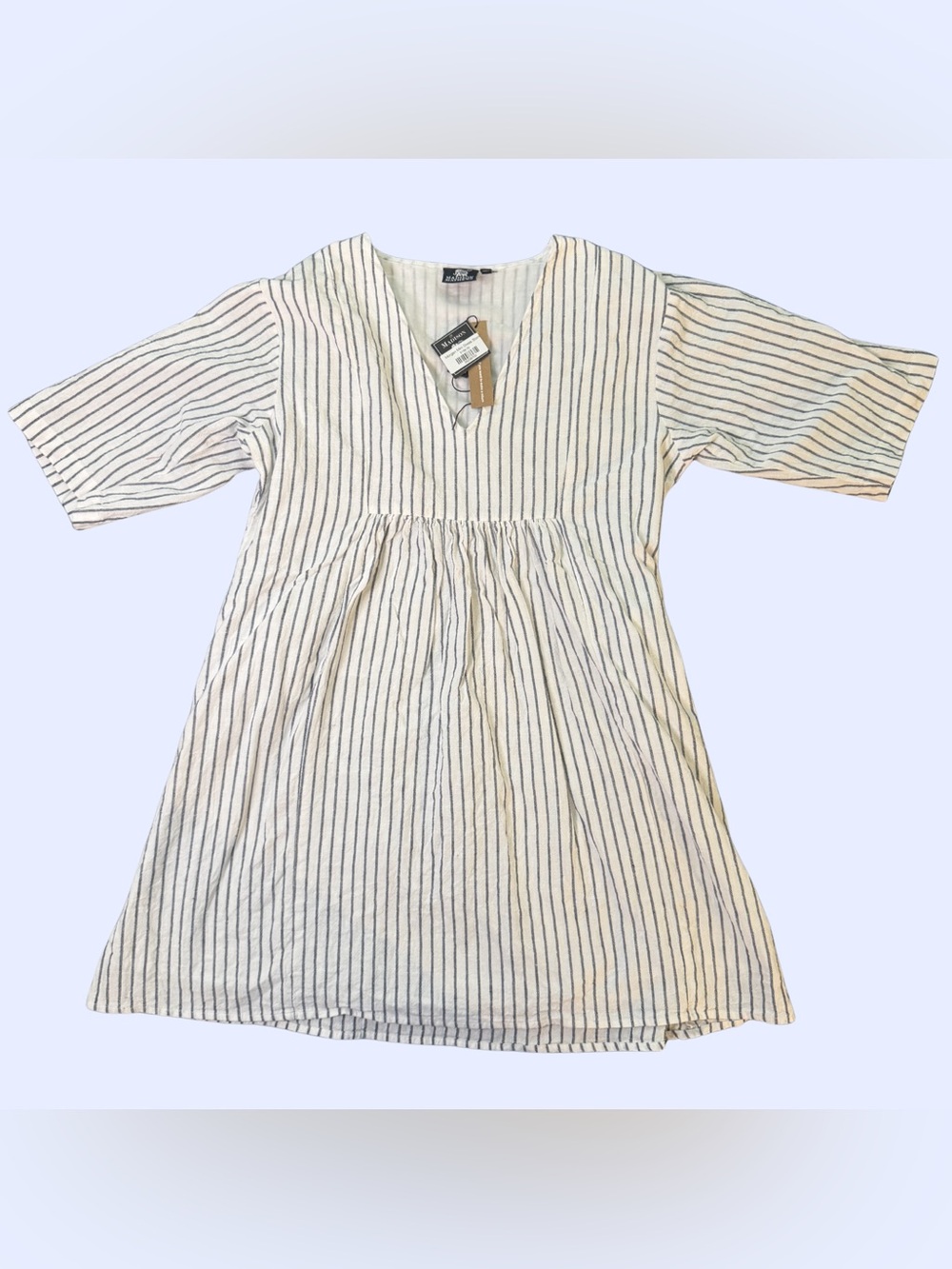 NWOT Striped White V-Neck Mini Dress with Short Sleeves